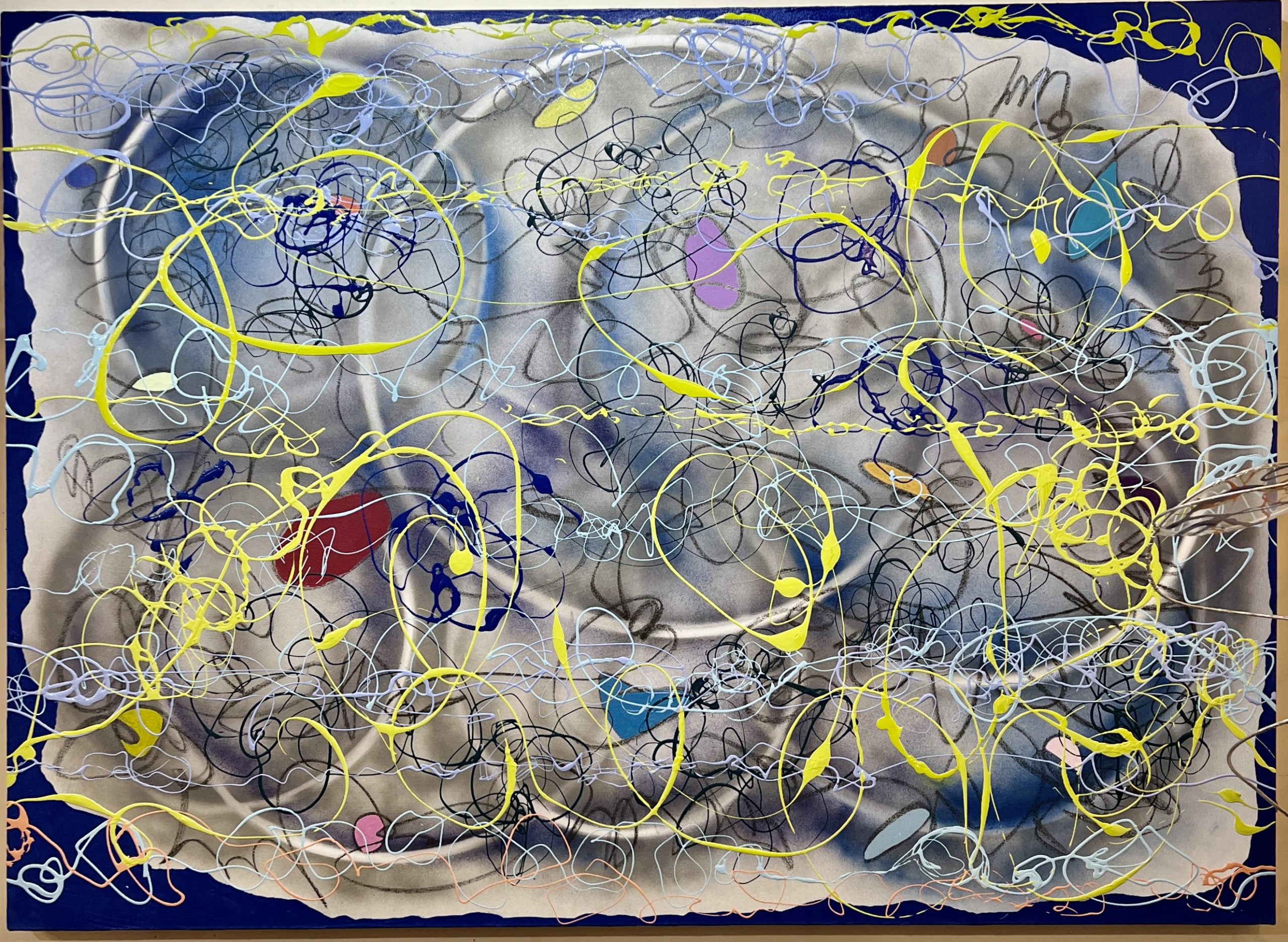 Celestial Jazz 2022 Enamel paint with collaged elements 52 x 72 inches